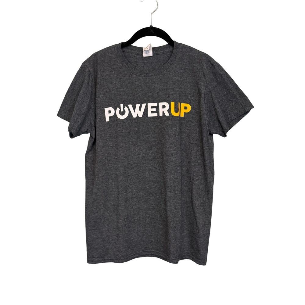 Power Up T-Shirt Mens Medium Gray Crew Power Button Graphic Short Sleeve Gildan